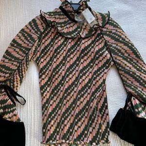 Tory Burch Unique Pleated Ruffle Blouse w/ Velvet